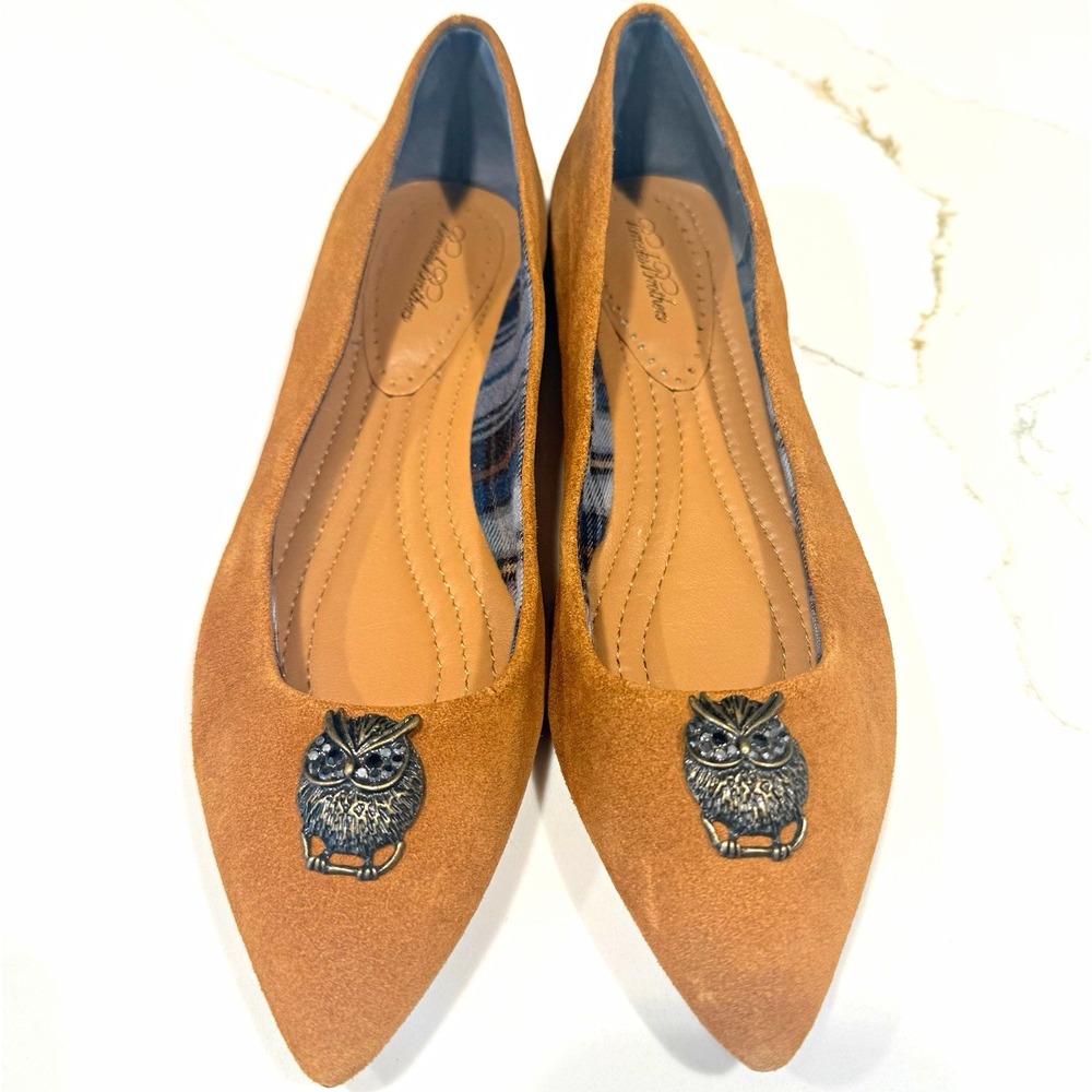 Brooks Brothers pointed-toe ballet flats owl accent tan suede leather sz 7